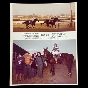 Vintage 1977 Aqueduct Winner Circle Photo Blue Girl Horse Racing NYC